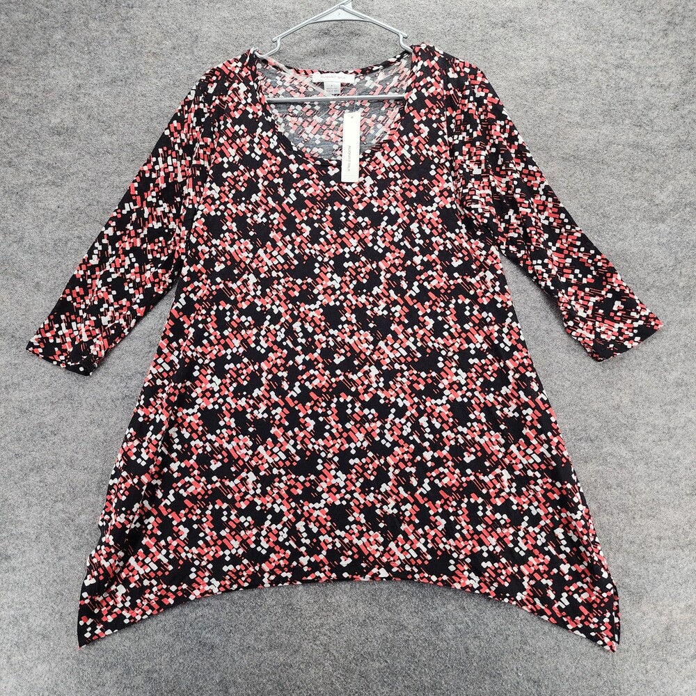 August Silk Shirt Womens Medium 3/4 Sleeve Black White Coral